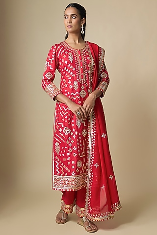 Red Pure Silk Gota Kurta Set by ASAL By Abu Sandeep