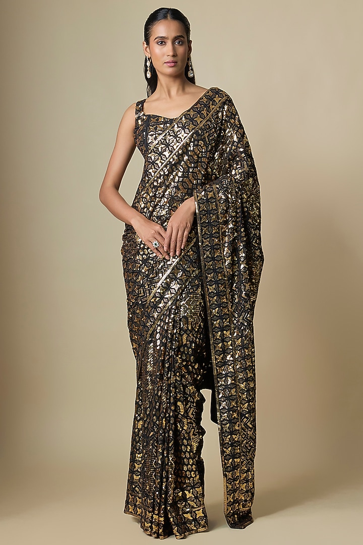 Black Pure Georgette Sequins Work Bridal Saree Set by ASAL By Abu Sandeep at Pernia's Pop Up Shop