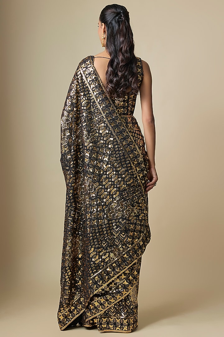 Black Pure Georgette Sequins Work Bridal Saree Set by ASAL By Abu Sandeep at Pernia's Pop Up Shop
