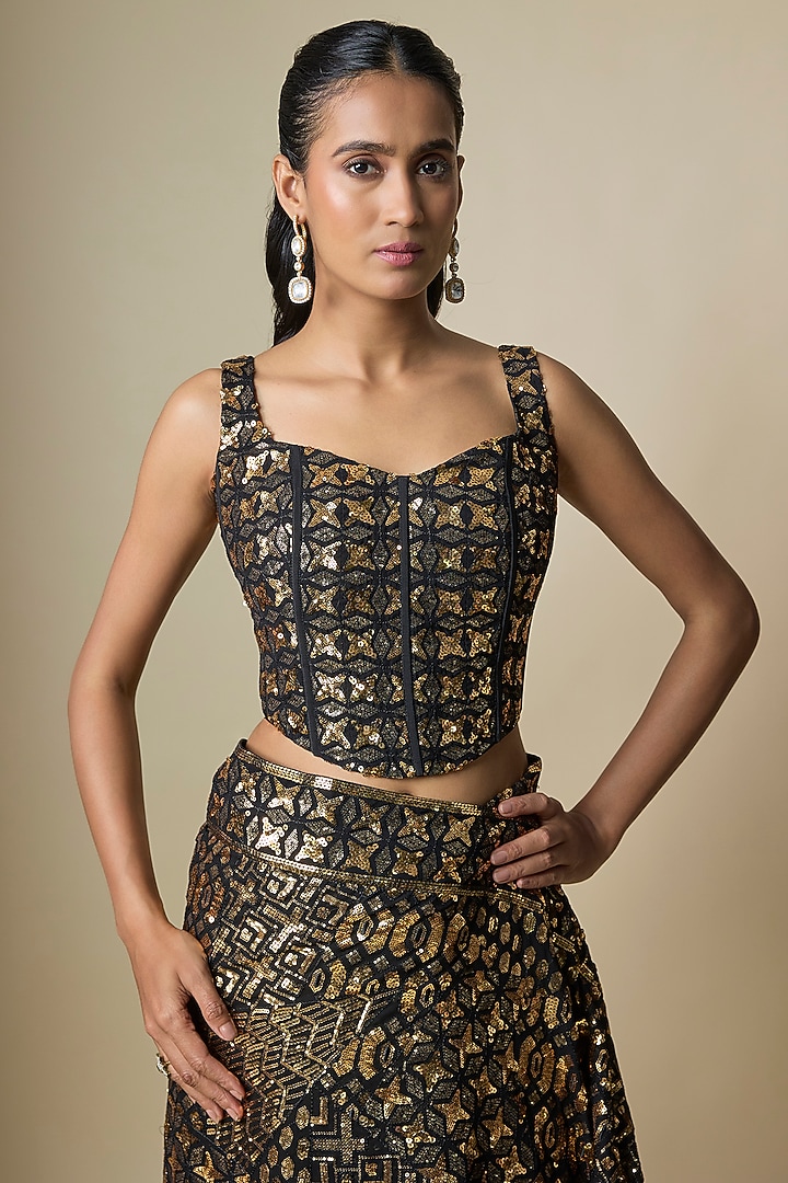 Black Pure Georgette Sequins Work Bridal Saree Set by ASAL By Abu Sandeep at Pernia's Pop Up Shop