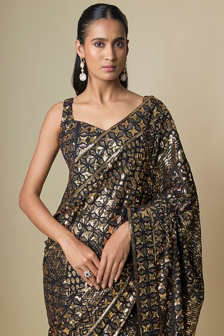 Black Pure Georgette Sequins Work Bridal Saree Set by ASAL By Abu Sandeep at Pernia's Pop Up Shop