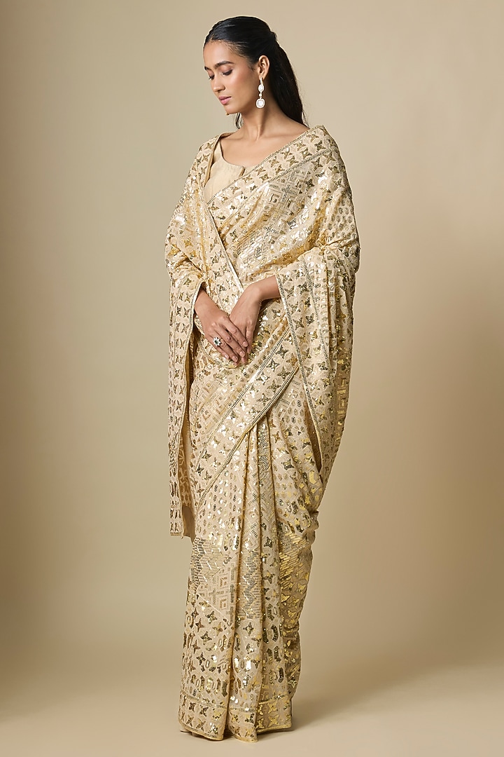 Beige Pure Georgette Sequins Work Bridal Saree Set by ASAL By Abu Sandeep at Pernia's Pop Up Shop