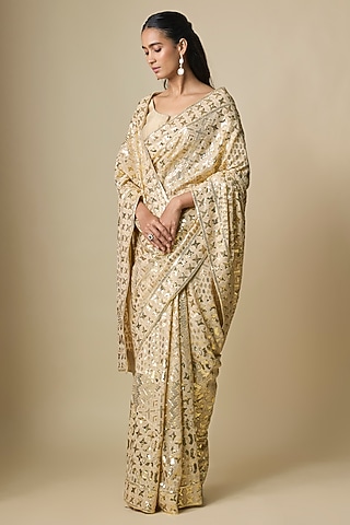 Beige Pure Georgette Sequins Work Saree Set by ASAL By Abu Sandeep