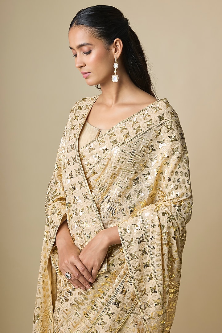 Beige Pure Georgette Sequins Work Bridal Saree Set by ASAL By Abu Sandeep at Pernia's Pop Up Shop