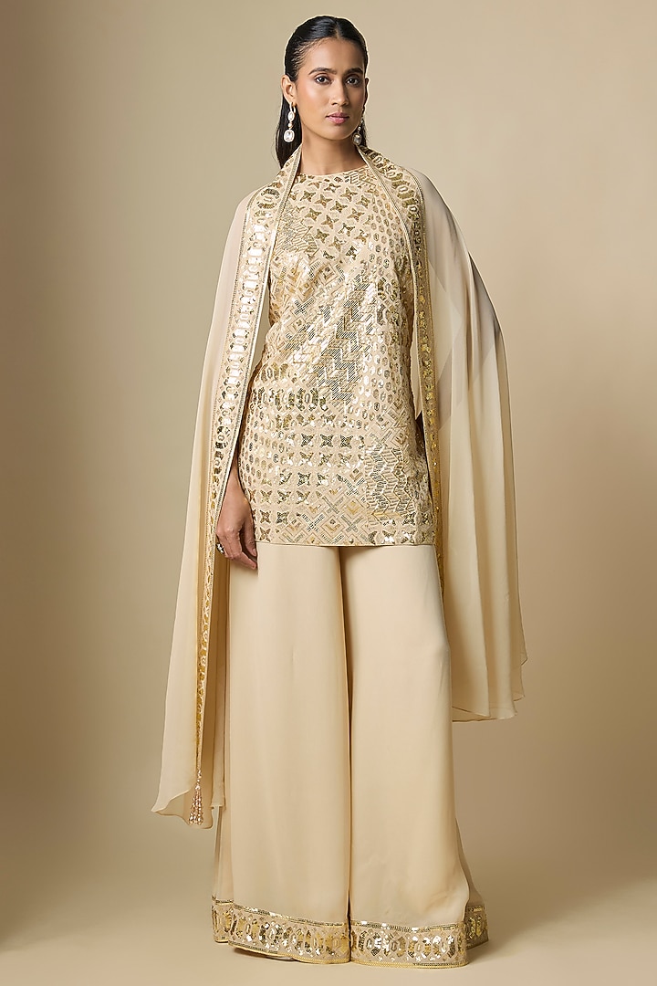 Beige Pure Georgette Bridal Sharara Set by ASAL By Abu Sandeep at Pernia's Pop Up Shop