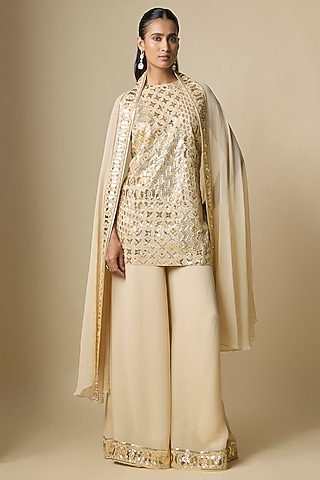 Beige Pure Georgette Sharara Set by ASAL By Abu Sandeep