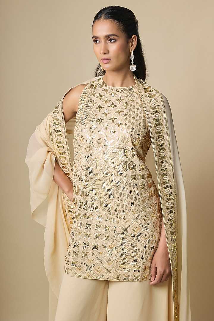 Beige Pure Georgette Bridal Sharara Set by ASAL By Abu Sandeep at Pernia's Pop Up Shop