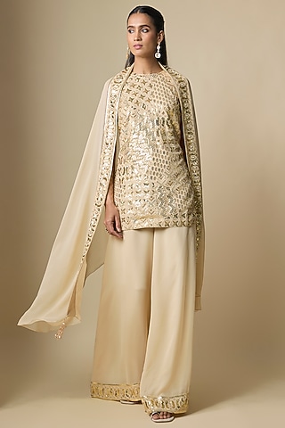 Beige Pure Georgette Sharara Set by ASAL By Abu Sandeep