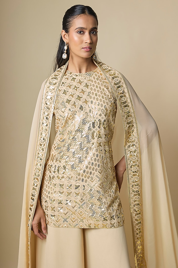 Beige Pure Georgette Bridal Sharara Set by ASAL By Abu Sandeep at Pernia's Pop Up Shop