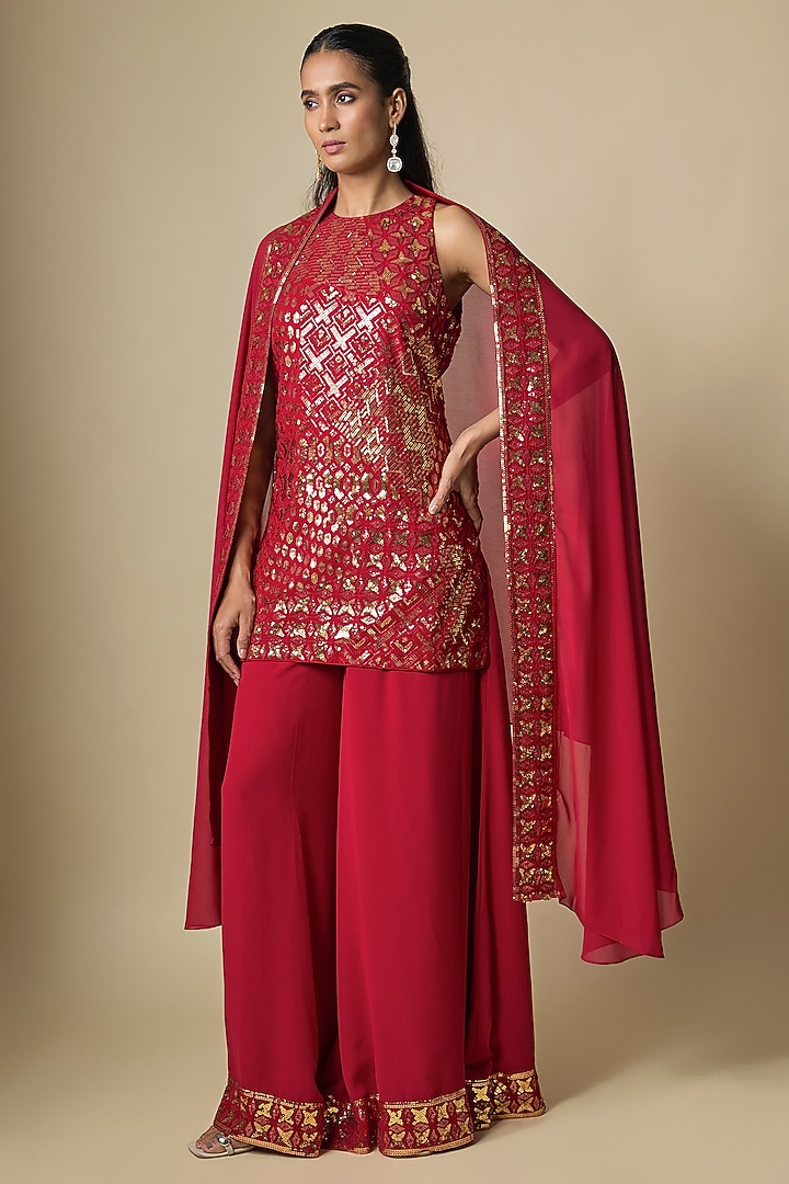 Red Pure Georgette Bridal Sharara Set by ASAL By Abu Sandeep at Pernia's Pop Up Shop