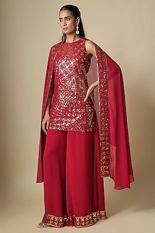Red Pure Georgette Sharara Set by ASAL By Abu Sandeep