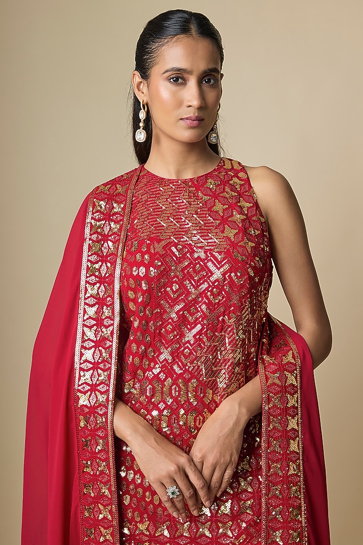 Red Pure Georgette Bridal Sharara Set by ASAL By Abu Sandeep at Pernia's Pop Up Shop