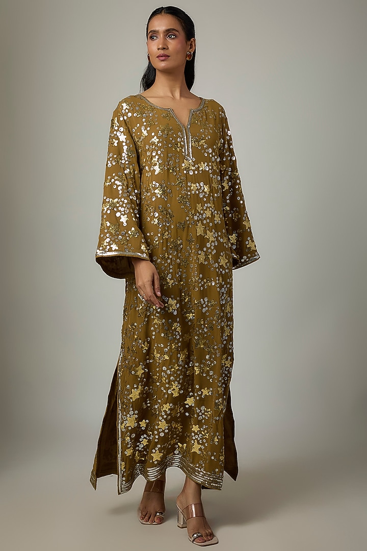 Mehendi Green Georgette Sequins Embroidered Kaftan by ASAL By Abu Sandeep at Pernia's Pop Up Shop