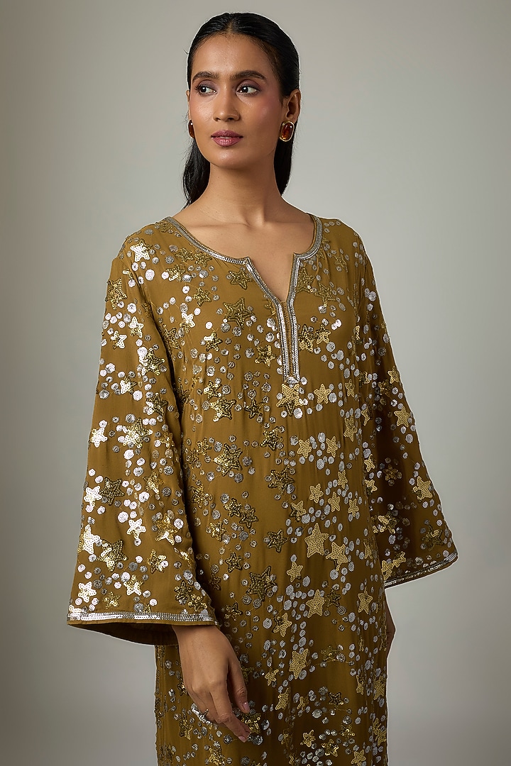 Mehendi Green Georgette Sequins Embroidered Kaftan by ASAL By Abu Sandeep at Pernia's Pop Up Shop