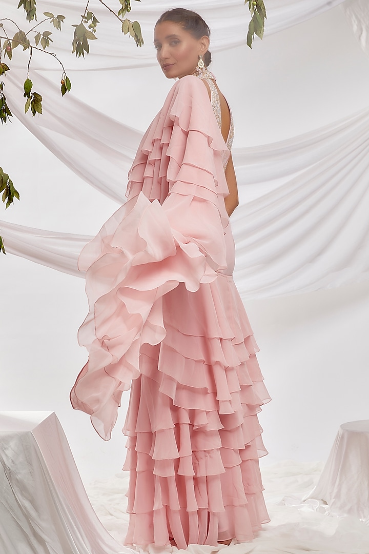 Pink Blended Georgette Ruffled Reception Saree Set by ASAL By Abu Sandeep at Pernia's Pop Up Shop