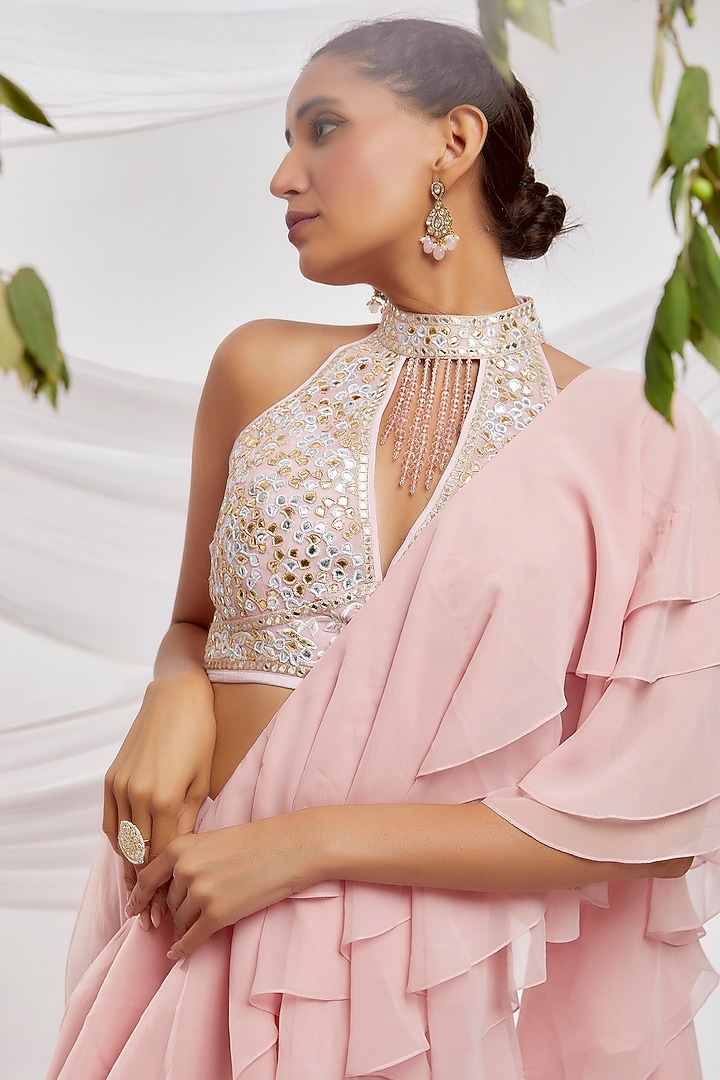 Pink Blended Georgette Ruffled Reception Saree Set by ASAL By Abu Sandeep at Pernia's Pop Up Shop