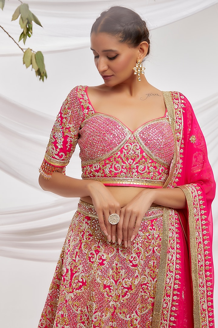 Pink Blended Georgette Embroidered Bridal Lehenga Set by ASAL By Abu Sandeep at Pernia's Pop Up Shop