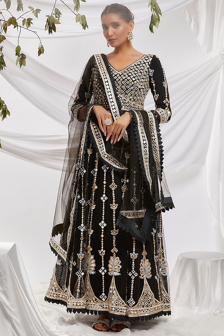 Black Net Embroidered Anarkali Set Design by ASAL By Abu Sandeep at ...