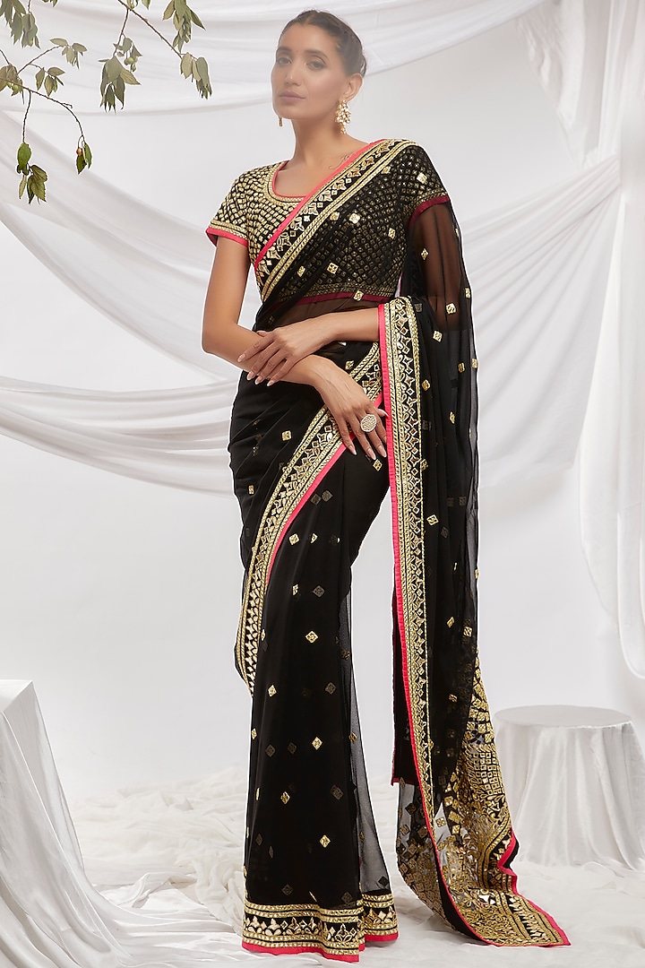 Black Blended Georgette Embroidered Saree Set by ASAL By Abu Sandeep