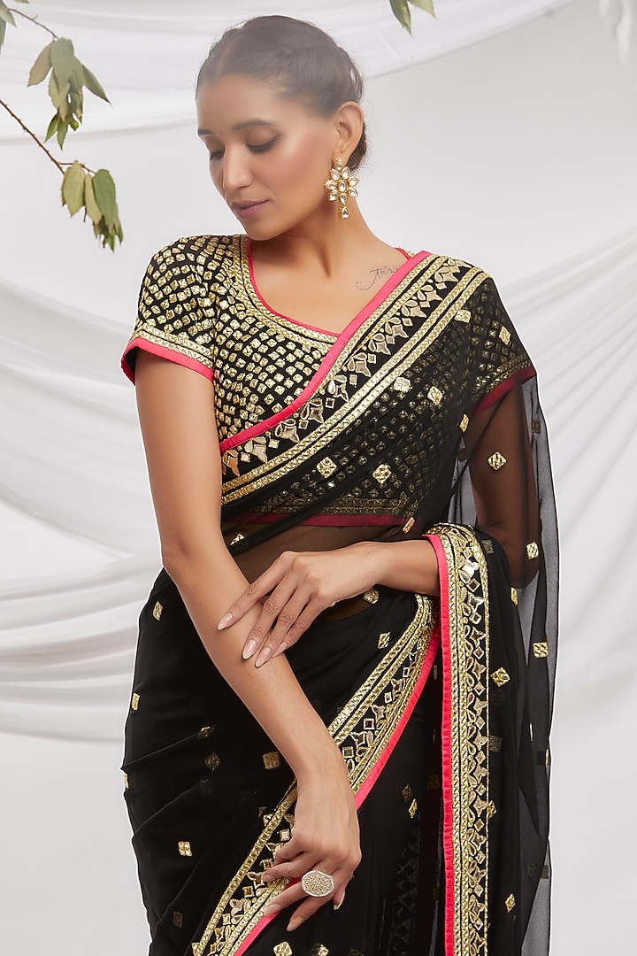 Black Blended Georgette Embroidered Reception Saree Set by ASAL By Abu Sandeep at Pernia's Pop Up Shop
