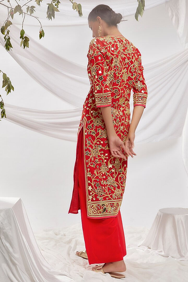 Red Blended Georgette Embroidered Kurta Set by ASAL By Abu Sandeep at Pernia's Pop Up Shop