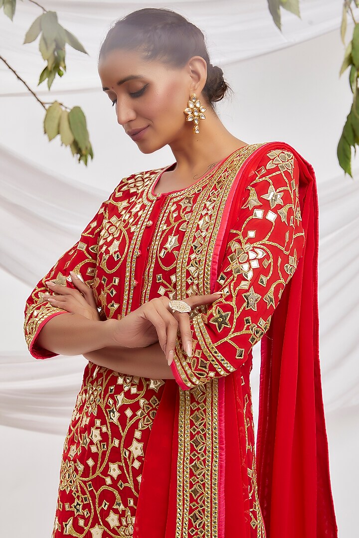 Red Blended Georgette Embroidered Kurta Set by ASAL By Abu Sandeep at Pernia's Pop Up Shop