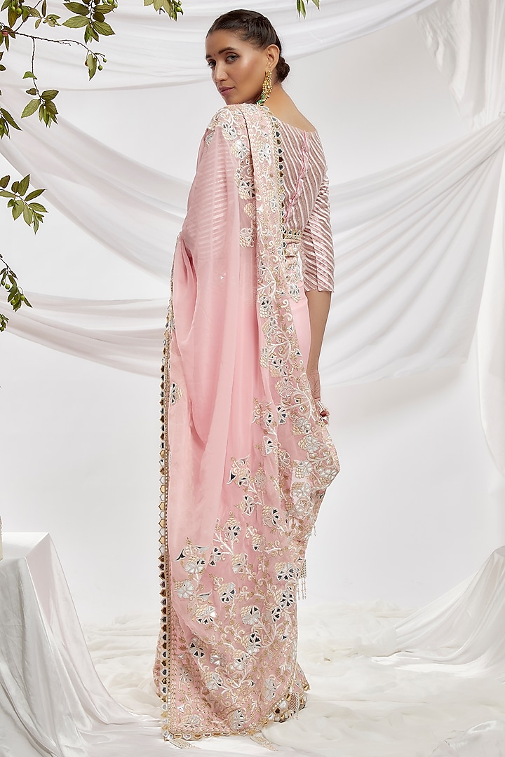 Pink Blended Georgette Embroidered Bridal Saree Set by ASAL By Abu Sandeep at Pernia's Pop Up Shop