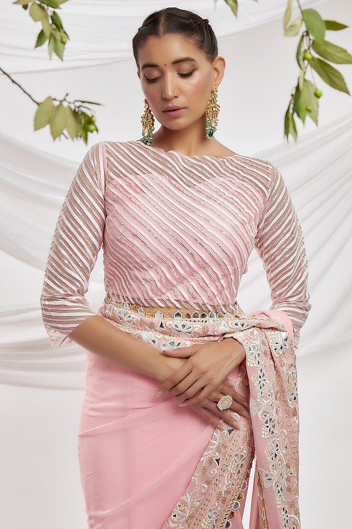 Pink Blended Georgette Embroidered Bridal Saree Set by ASAL By Abu Sandeep at Pernia's Pop Up Shop