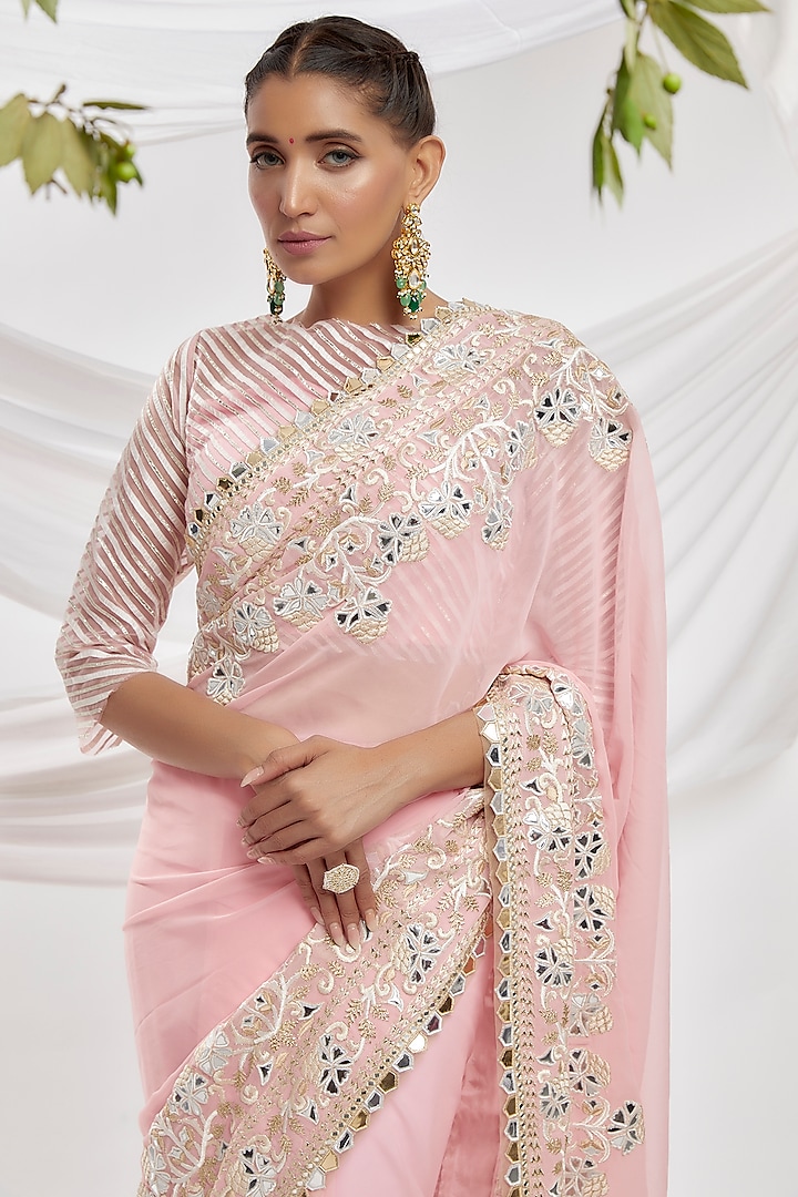 Pink Blended Georgette Embroidered Bridal Saree Set by ASAL By Abu Sandeep at Pernia's Pop Up Shop