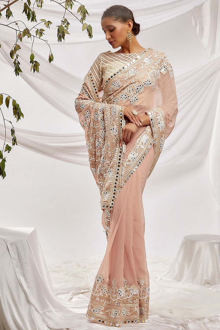 Beige Blended Georgette Embroidered Saree Set by ASAL By Abu Sandeep at Pernia's Pop Up Shop