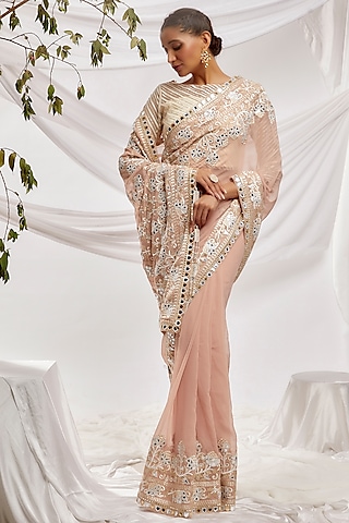 Beige Blended Georgette Embroidered Saree Set by ASAL By Abu Sandeep