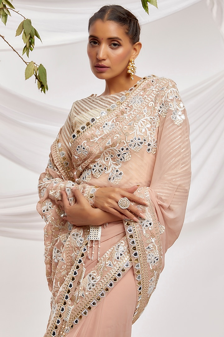 Beige Blended Georgette Embroidered Bridal Saree Set by ASAL By Abu Sandeep at Pernia's Pop Up Shop
