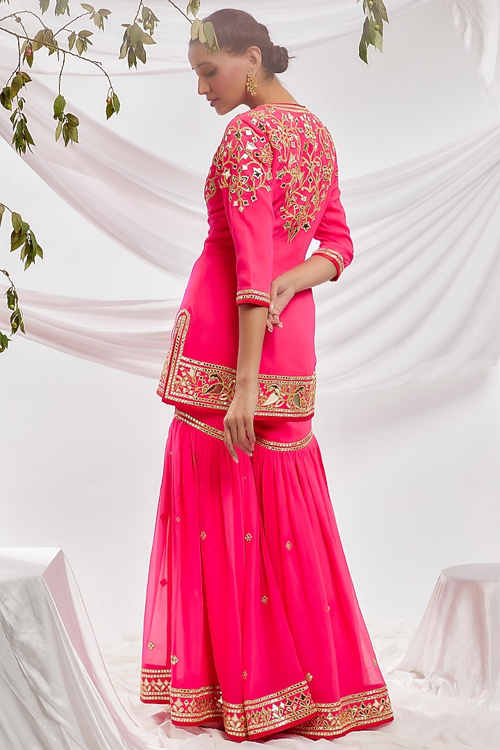 Pink Blended Georgette Embroidered Gharara Set by ASAL By Abu Sandeep at Pernia's Pop Up Shop