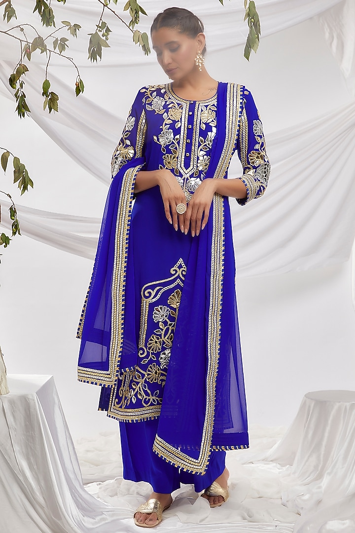 Blue Blended Georgette Embroidered Kurta Set by ASAL By Abu Sandeep at Pernia's Pop Up Shop