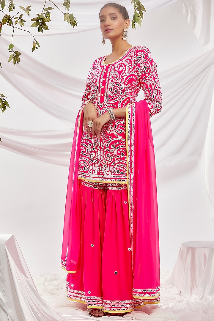 Pink Blended Georgette Embroidered Gharara Set by ASAL By Abu Sandeep