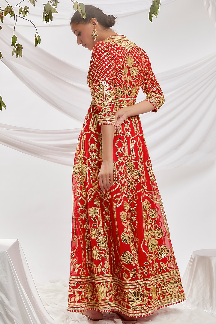Red Blended Georgette Embroidered Bridal Anarkali Set by ASAL By Abu Sandeep at Pernia's Pop Up Shop