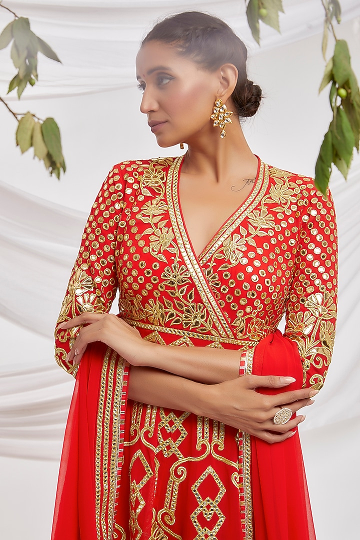 Red Blended Georgette Embroidered Bridal Anarkali Set by ASAL By Abu Sandeep at Pernia's Pop Up Shop