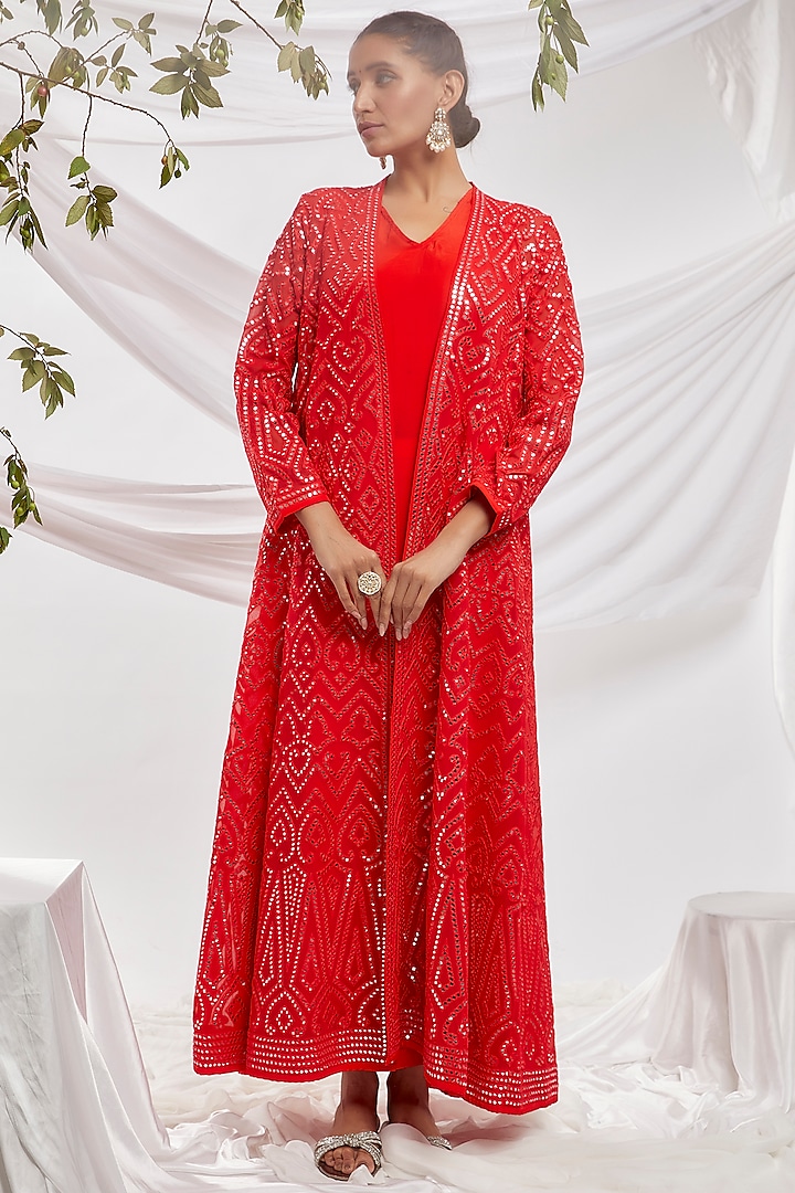 Red Blended Georgette Embroidered Jacket Set by ASAL By Abu Sandeep
