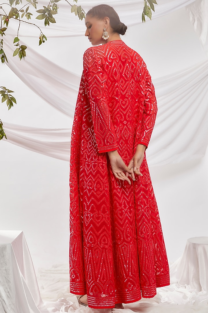 Red Blended Georgette Embroidered Jacket Set by ASAL By Abu Sandeep at Pernia's Pop Up Shop