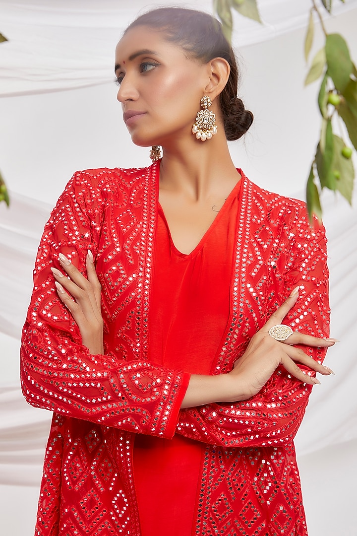 Red Blended Georgette Embroidered Jacket Set by ASAL By Abu Sandeep at Pernia's Pop Up Shop