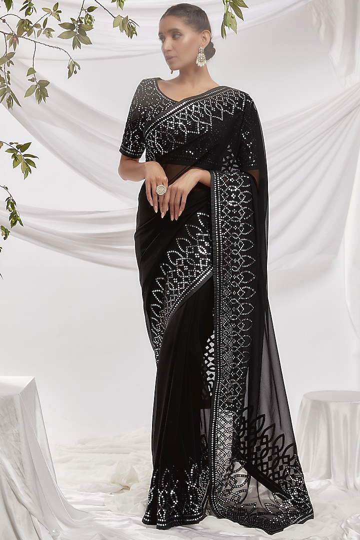 Black Blended Georgette Embroidered Saree Set by ASAL By Abu Sandeep at Pernia's Pop Up Shop