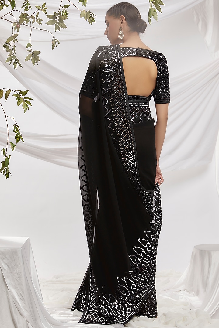 Black Blended Georgette Embroidered Bridal Saree Set by ASAL By Abu Sandeep at Pernia's Pop Up Shop
