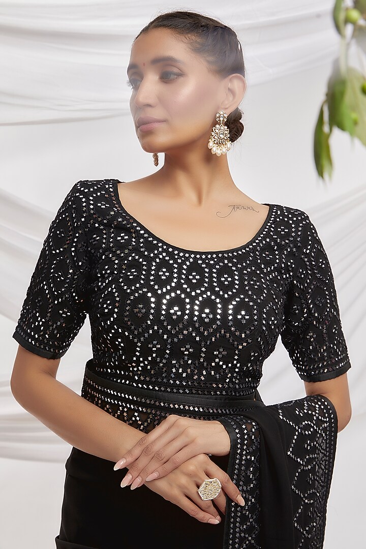 Black Blended Georgette Embroidered Bridal Saree Set by ASAL By Abu Sandeep at Pernia's Pop Up Shop