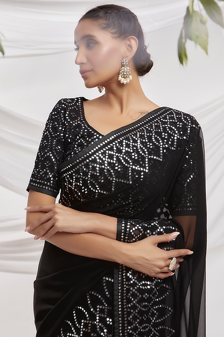 Black Blended Georgette Embroidered Bridal Saree Set by ASAL By Abu Sandeep at Pernia's Pop Up Shop