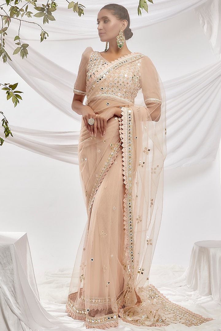 Beige Blended Net Embroidered Saree Set by ASAL By Abu Sandeep