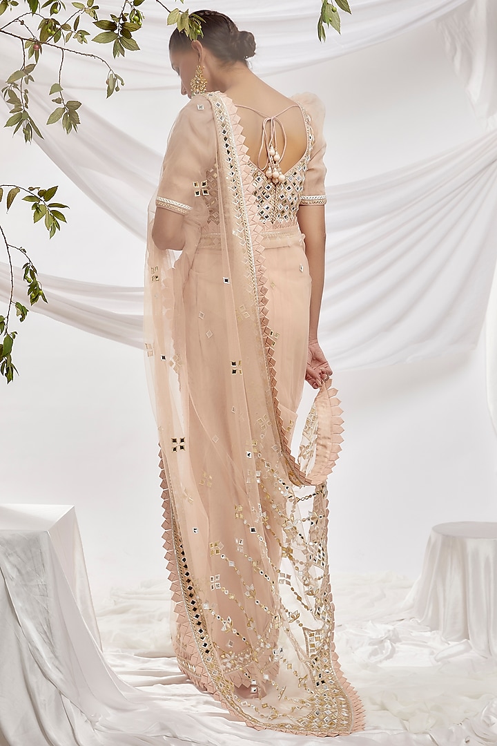 Beige Blended Net Embroidered Reception Saree Set by ASAL By Abu Sandeep at Pernia's Pop Up Shop