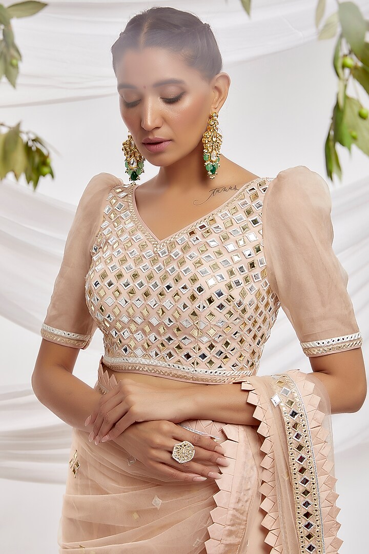 Beige Blended Net Embroidered Reception Saree Set by ASAL By Abu Sandeep at Pernia's Pop Up Shop