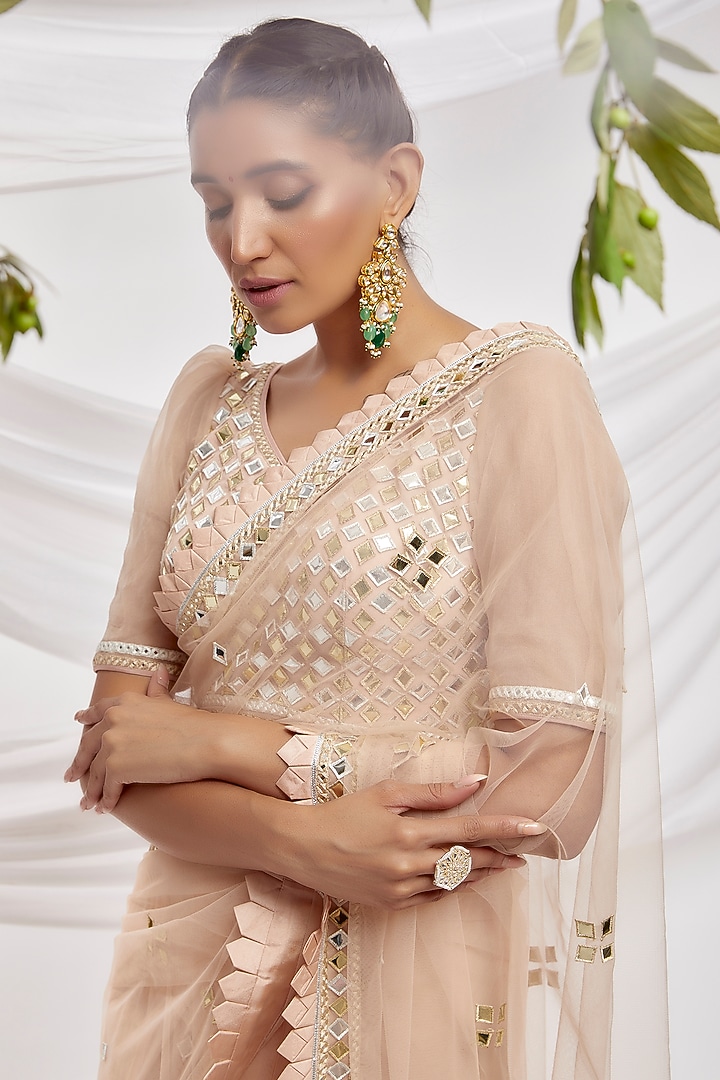 Beige Blended Net Embroidered Reception Saree Set by ASAL By Abu Sandeep at Pernia's Pop Up Shop