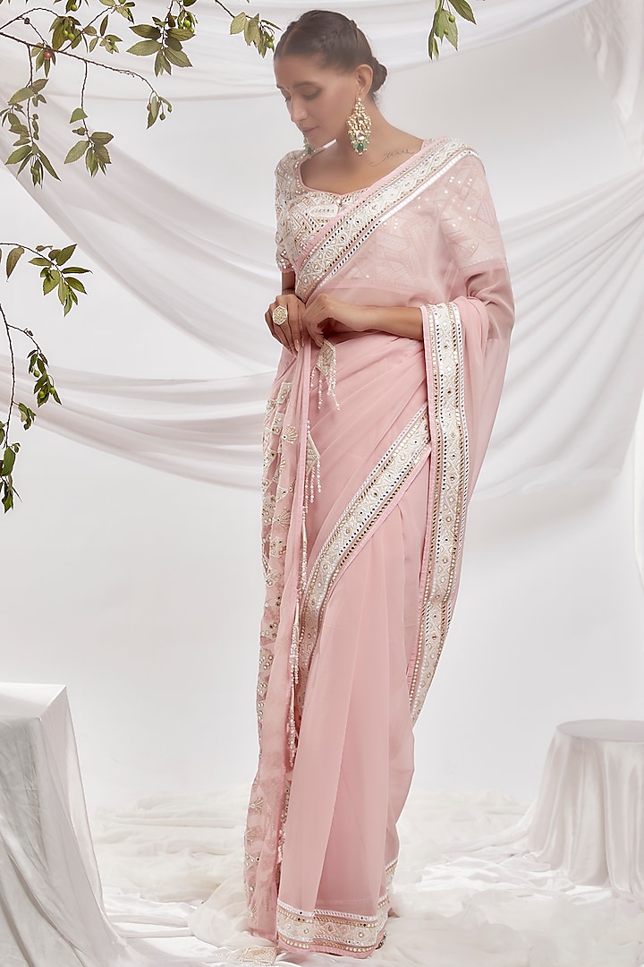 Pink Blended Georgette Embroidered Saree Set by ASAL By Abu Sandeep