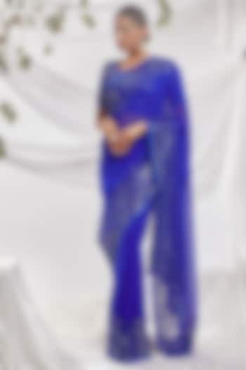 Royal Blue Blended Georgette Embroidered Saree Set by ASAL By Abu Sandeep at Pernia's Pop Up Shop